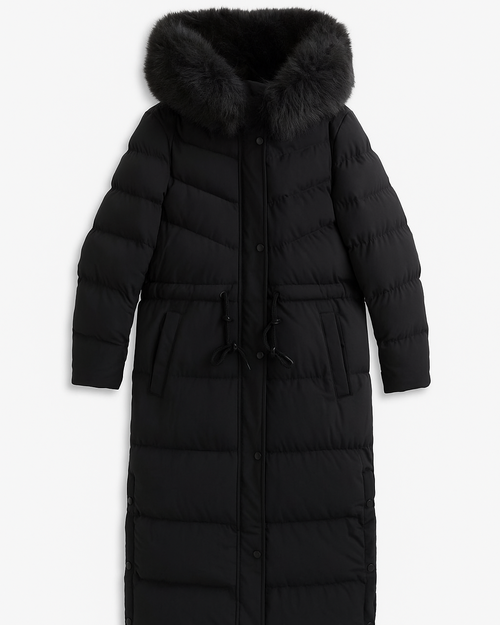 Elegant lång dunjacka i svart med midjebälte – värme möter stil